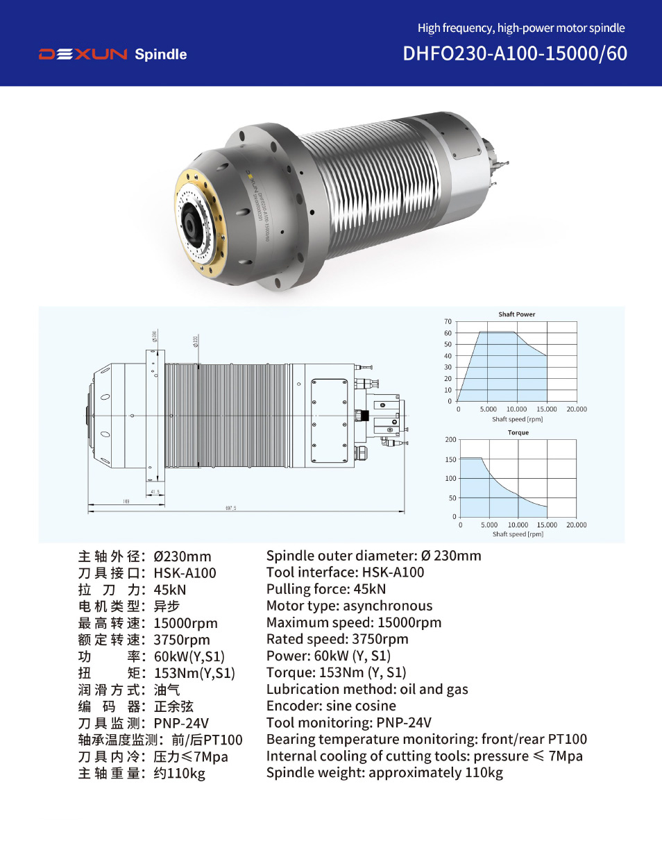High frequency, high-power motor spindle - 德讯主轴制造（大连）有限公司